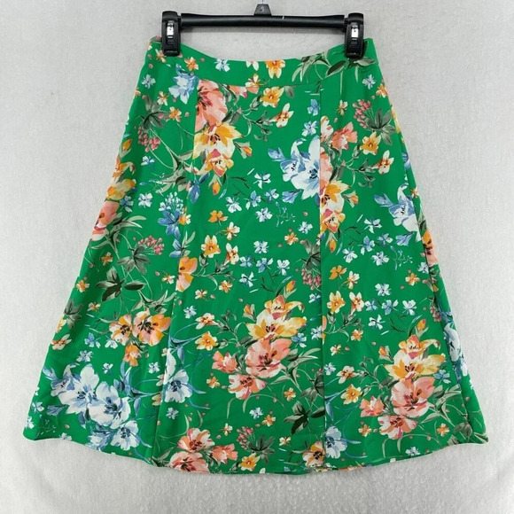 LOFT  Midi Skirt Womens 2P Green Ditsy Floral Allover Print A Line Casual Formal - Picture 1 of 9